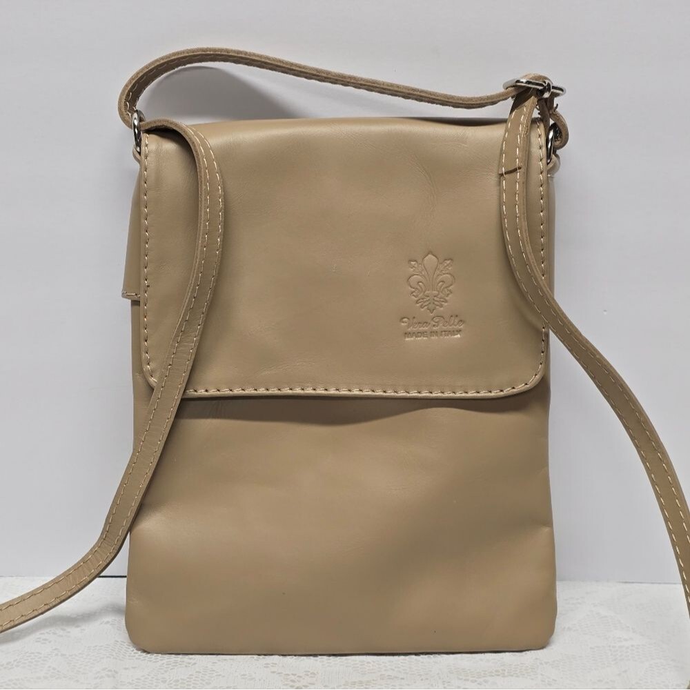 Vera Pelle Beige Genuine Leather Crossbody Bag Italy Minimalist Nude Neutral